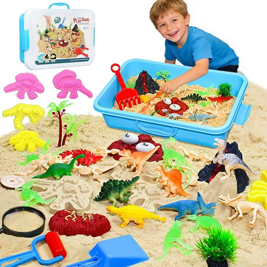 Dinosaur Sensory Sand Kit, Lidded Sand Bin, Dinosaur Toys for Kids | Magic Sand & Archaeology Tools, STEM Montessori Dinosaur Sensory Toys, Arts & Crafts for Kids 3-8, Christmas & Birthday Gifts