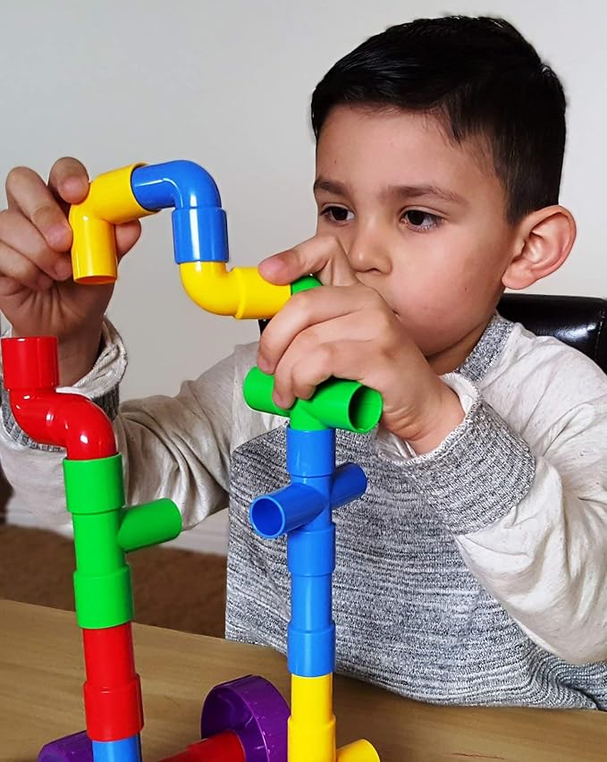 STEM Pipe Tube 29 Pc Building Blocks Set, ADHD & Autism, Kids | Educational Construction Building Blocks for ADHD & Autism for Baby, Kid Includes Wheels Pipes Joints and eBook