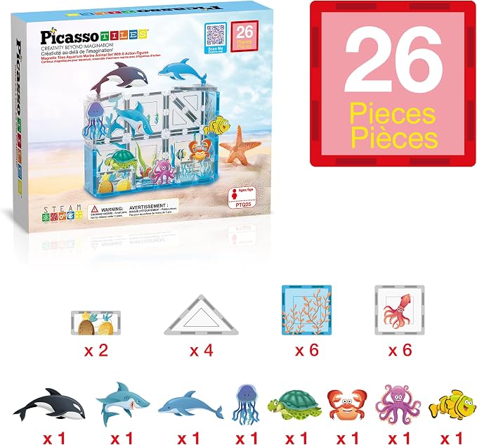 PicassoTiles 26 Piece Magnetic Tiles, Ocean Marine World STEM Set Ages 3+ | Eight sea creature figures, vivid printed designs, screen-free imaginative play, hands-on early learning fun for curious kids