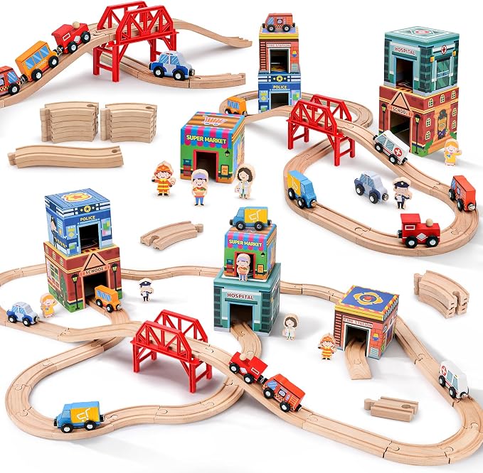 Wooden Train Set for Kids, Wood Train Tracks Complete Town Railway Playset | Train Set for Kids 3-7 with Matching Figures, Vehicles, Stacking and Nesting Blocks, Sorting & Stacking Toys for Boys Girls