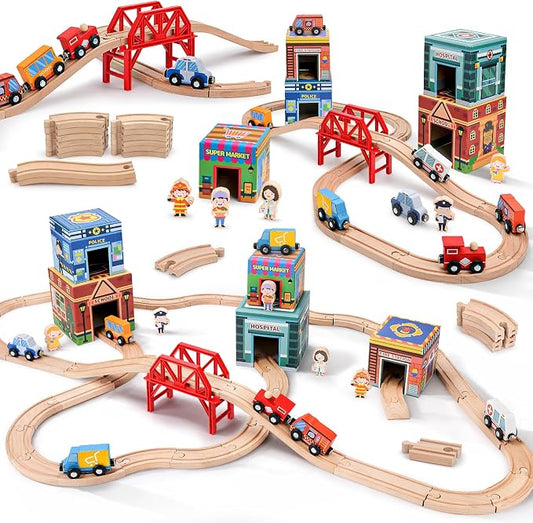 Wooden Train Set for Kids, Wood Train Tracks Complete Town Railway Playset | Train Set for Kids 3-7 with Matching Figures, Vehicles, Stacking and Nesting Blocks, Sorting & Stacking Toys for Boys Girls
