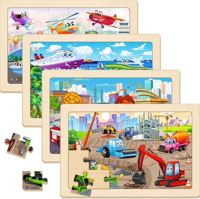 Wooden Puzzles for Kids Ages 4-6, 4 Pack 24 Pcs Toddler Puzzles Set for Ages 3-5, Educational Learning Toys Gift for Boys Girls 3 4 5 6 Year Old, Vehicle Transport Construction Car