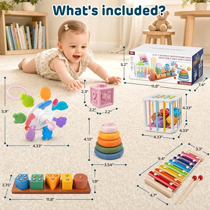 6-in-1 Montessori Baby Toy Set with Wooden Shape Sorter Xylophone Teether | 5 Stacking Rings, 6 Building Blocks, 20 Shape Blocks, Sensory Cube, Stacking, Sorting, Matching, Fine Motor Play, Baby Gift