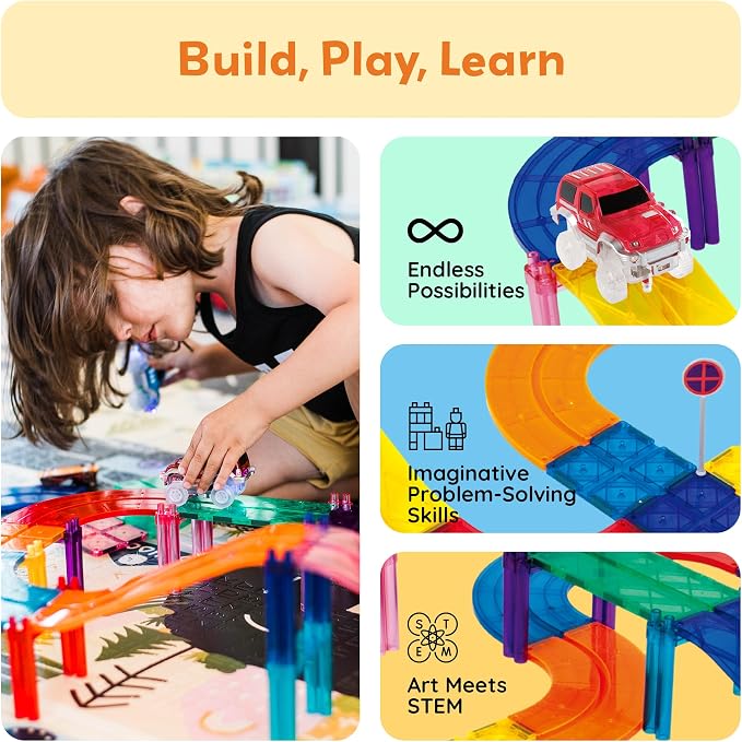 PicassoTiles 100 Piece Magnetic Tiles Race Track Toy Creative Building Set | Ages 3+, premium BPA-free materials, promotes hand eye coordination, sharpens fine motor control, boosts spatial logic skills