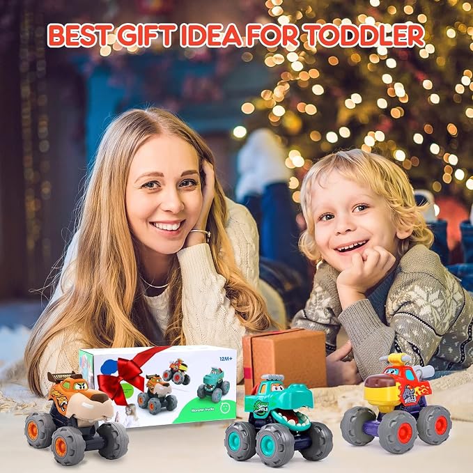 Toy Cars for 1-3 Year Old, 3PCS Animal Monster Truck, 1 Year Old Boy Gifts | Baby Toys 12-18 Months, Animal Kids Toy, Christmas & Birthday Gifts, Pull Back Car with Big Wheel, Crocodile Bull Leopard