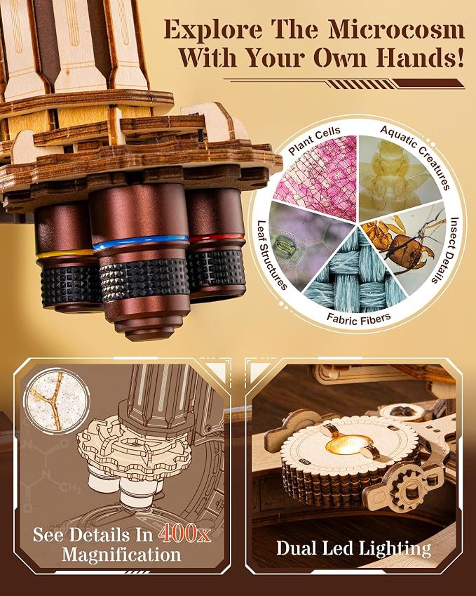 ROKR Wooden 3D Puzzle Building Kit, Real Optical Microscope with 40X-400X Magnification, STEM Science Toy for Students and Adults(ST005)
