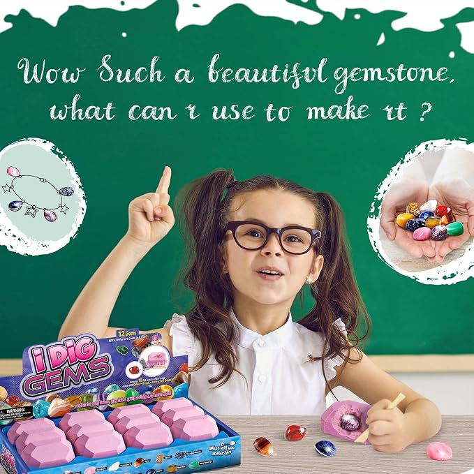 Gamerside Gem Dig Kit, 12 Real Gem Stone Crystals & Rocks, STEM Toys 6+ | Excavate Gemstones & Minerals, Complete Rock Digging Kit, Learning Guide Included, Great Birthday Gift for Young Scientists