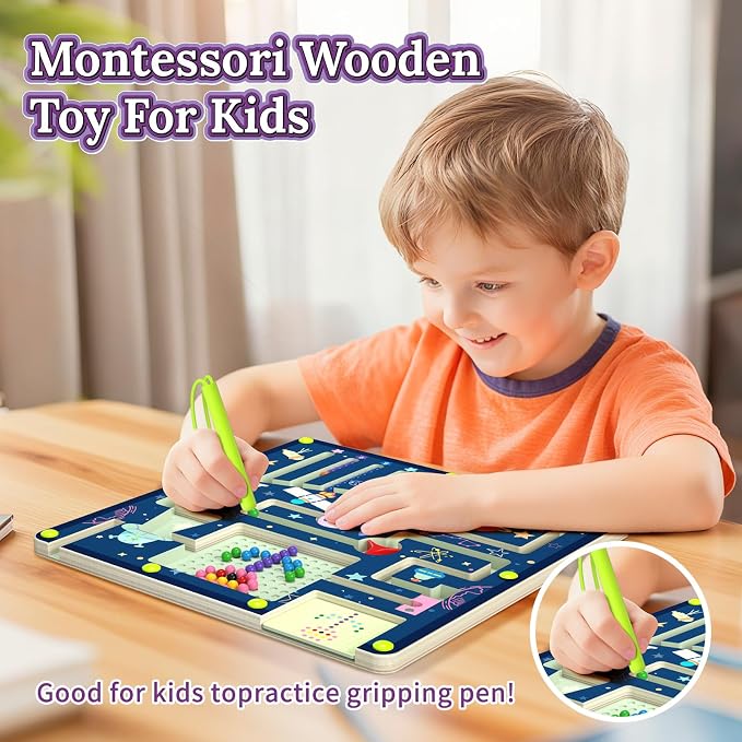 LOVELAND Magnetic Color and Number Maze - Wooden Montessori Toys for 3+ Year Old, Space Theme Fine Motor Skills Sorting Board, Travel Activities, Preschool Learning Gift for Toddlers