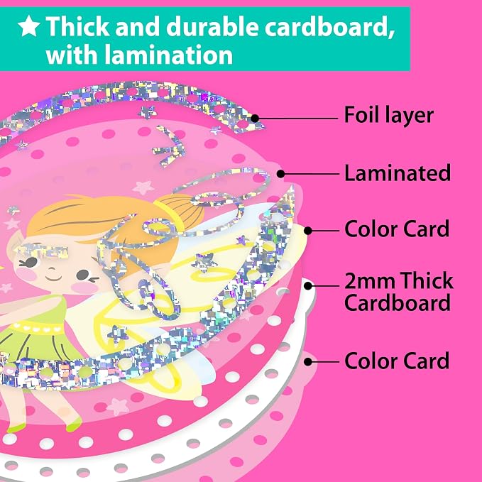 KRAFUN Princess Unicorn Holographic Lacing Cards Age 3+ | 10 Projects | Holographic foil cards: Princess, Unicorn, Fairy & Castle. Fine motor skills. Premium gift for girls age 3+