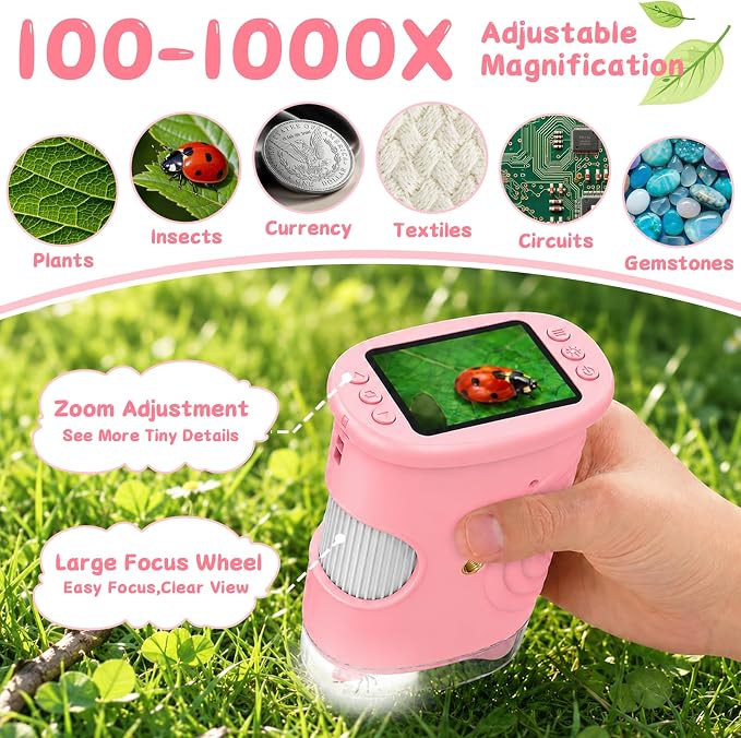 SEEKID Microscope for Kids 200-1000X, STEM Toy Science Kit for Kid(Pink) | Handheld Digital Microscope, 2" IPS Screen, 4K HD Camera 200+ Photo Storage for Girls Boys Child Birthday Gifts