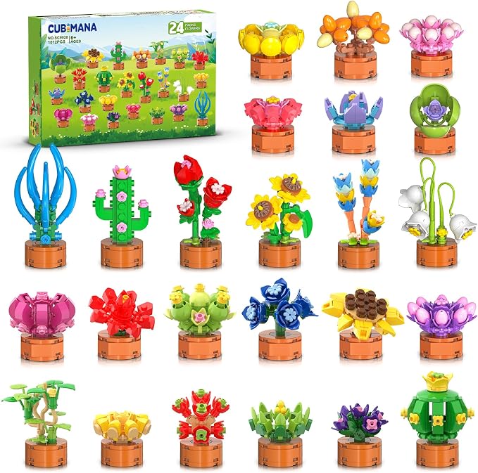 24 Pack Flowers Succulents Party Favors for Kids 6+ Mini Building Toys Sets | 1012PCS Botanical Bonsai 3.6mm Blocks for Classroom Prizes Goodie Bags Filler Stocking Stuffers, Birthday Gift for Girls Boys