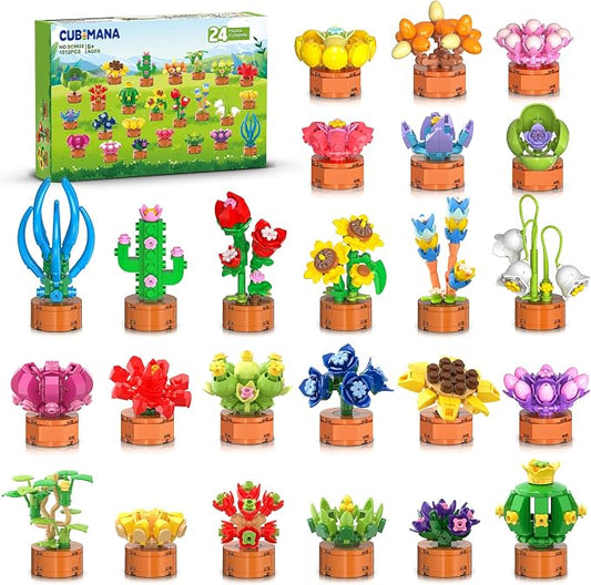 24 Pack Flowers Succulents Party Favors for Kids 6+ Mini Building Toys Sets | 1012PCS Botanical Bonsai 3.6mm Blocks for Classroom Prizes Goodie Bags Filler Stocking Stuffers, Birthday Gift for Girls Boys