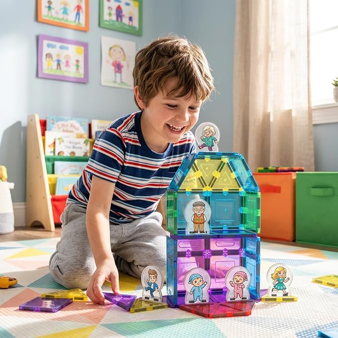 PicassoTiles 8pc Family Character Action Figures Accessory Add On Compatible with Magnet Tile Building Construction Sets STEM Pretend Play Educational Toys for Learning Preschool Kids Ages 3+ PTA110