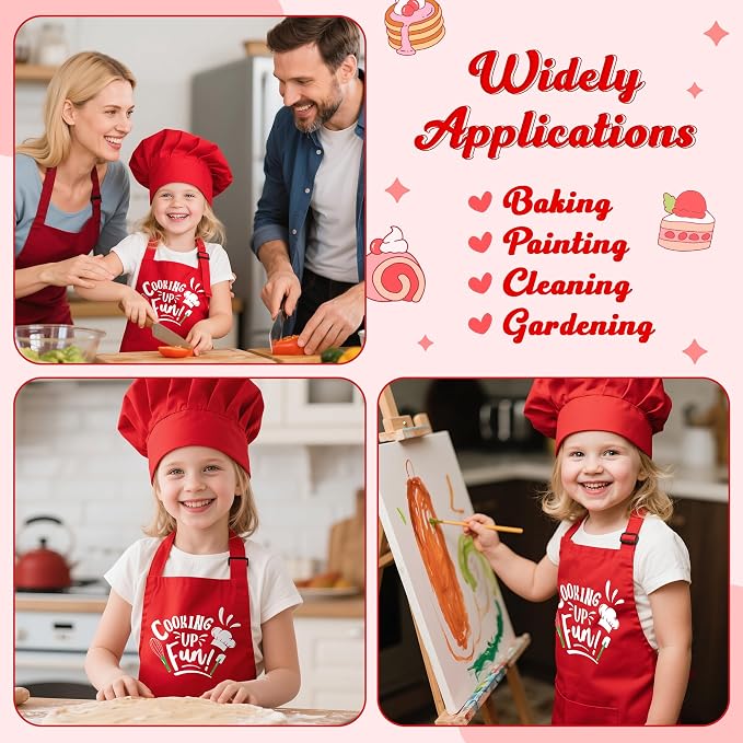 R HORSE Kid Apron and Chef Hat Set 2Pcs Adjustable Red Cooking Children Kitchen Apron, Waterproof Dress up Role Play Chef Toy Funny Cooking Baking Painting and Training Kit for Kid Birthday Party Gift