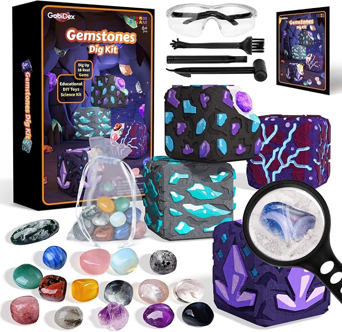 GobiDex Gemstones Dig Kit for Kids Ages 6-12, Excavate 16 Real Gemstones | STEM Science Toy, Archaeology & Geology Science Gift for Boys and Girls Age 6+