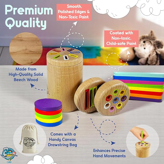 OAR Wooden Montessori Baby Toddler Toys 1-3, 3 in 1 Fine Motor Sensory Toy | Beech Wood Set: Color Sorting, Coin Drop And Cause-And-Effect Play; Builds Fine Motor Skills And Sensory Focus For Toddlers