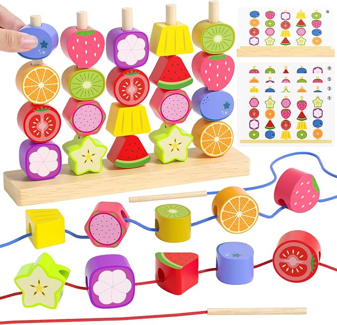Melofaver Montessori Wooden Beads Stacking Toys, Shape Sorter for Ages 3-5 | Wooden Fruit Toddler Toys, Stacking Blocks & Lacing Beads & Shape Sorter, Preschool Learning Toys Gifts for Kids Boys Girls