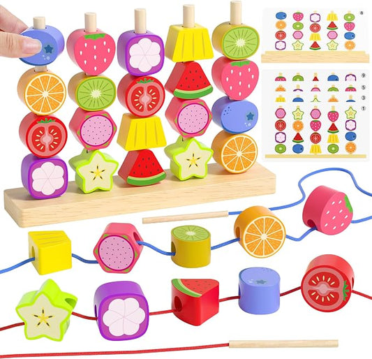 Melofaver Montessori Wooden Beads Stacking Toys, Shape Sorter for Ages 3-5 | Wooden Fruit Toddler Toys, Stacking Blocks & Lacing Beads & Shape Sorter, Preschool Learning Toys Gifts for Kids Boys Girls