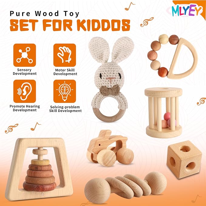 Wooden Toys for Babies, 7PCS Wooden Baby Rattle for 7-24 Months Boys Girls, Natural Wood Montessori Toys Set with Crochet Rabbit Rattle for Infant Grasping, Gift for Baby