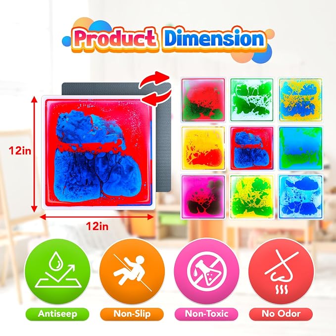 Sensory Floor Tiles: Liquid Play Mats Sensory Pads for Kids Toddlers, 9PCS Autism Sensory Toys, 12"x12" Lava Tiles for Dancing Learning, Special Education Classroom Must Haves, Gross Motor Development