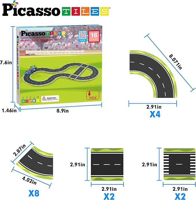 PicassoTiles Magnetic Building Tiles Car Track Magnet Vehicle Adventure Theme Printed Street Road Runway Speedway Highway Block Construction Expansion Add-on Education Learning Toys for Kids 3+ PTE16