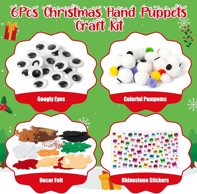 WATINC Hand Puppet Making Kit, Felt Sock Puppet Toys for Kids (Christmas) | 6 Styles, Make Your Own Storytelling & Role Play Crafts, Creative Group Activity, Party Favors & Gifts for Kids Ages 4-8