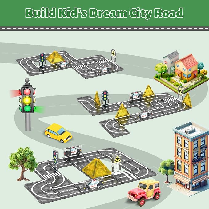 AFUNX Magnetic Tiles Road Set, STEM Building Blocks for Kids 3+ | Magnetic Road Tiles with Police Cars, Traffic Signs And Lights, STEM Building , Compatible with Other Tiles, Gift for Kids