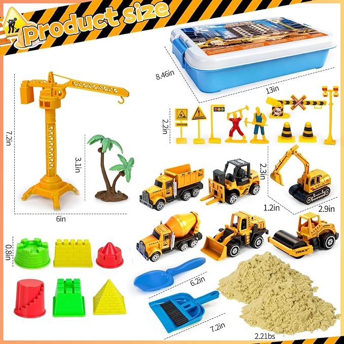 Sensory Bin, Construction Sensory Sandbox Kids Play Sand Art Kits | with 2.2lbs Magic Sand, Molds, Shovel, 6Pcs Diecast Construction Vehicles, Crane- Sand Box with Lid for Toddlers Boys Age 3-8
