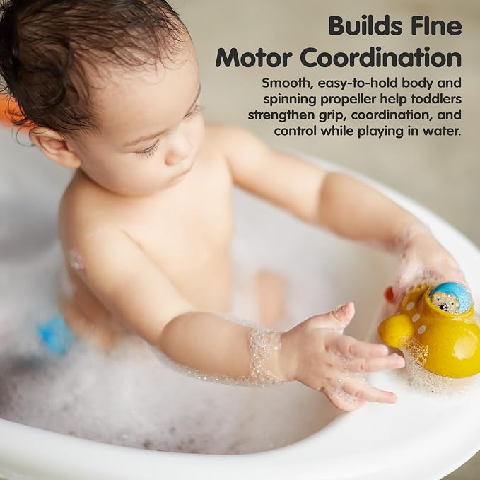 PlanToys® Submarine Wooden Baby Bath Toy for Toddlers, Waterproof Pool Toy | wooden submarine, waterproof bath pool toy, montessori fine motor imagination, non-toxic water play, 18+ months, toddlers kid