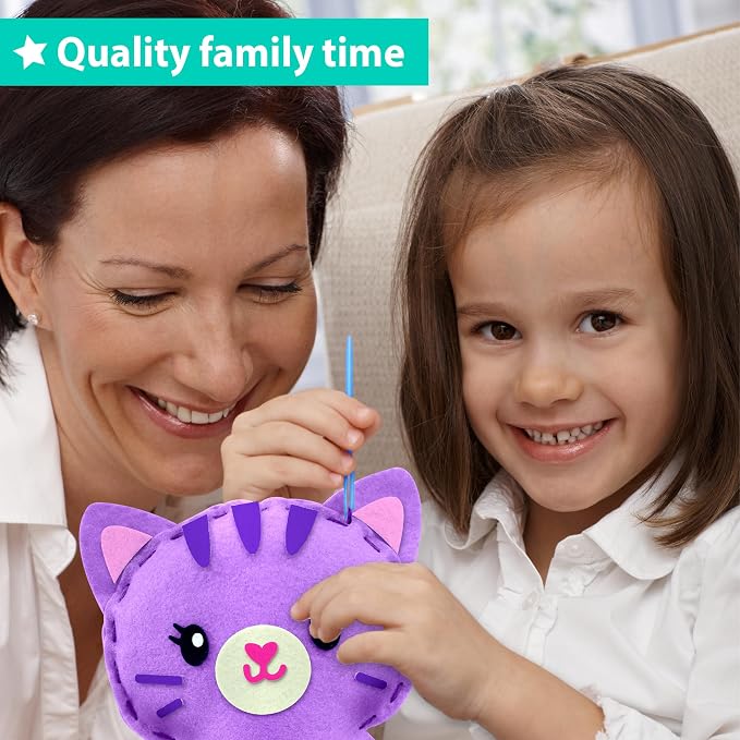 KRAFUN Beginner Sewing Kit, Sew Kitten & Mouse, Pre-Cut Felt, Kids Ages 5+ | Beginner Sewing Kit: Sew 2 Plushies, Kitten & Mouse. Pre-Cut, Pre-Punched Felt, No Scissors. Safe Plastic Needle for Kids
