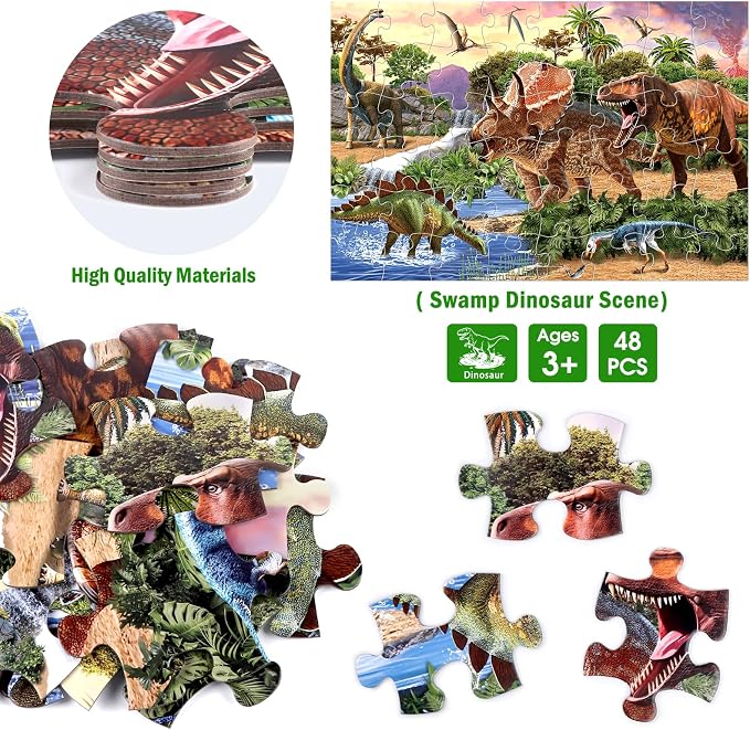 Jumbo Floor Puzzle for Kids,48 Piece Swamp Dinosaur Jigsaw Puzzle Ages 3-8 | Thick Cardboard Swamp Dinosaur Puzzle for Preschool Learning, Toddlers Ages 3-8, 35x24 in Completed,Gift for Boys and Girls