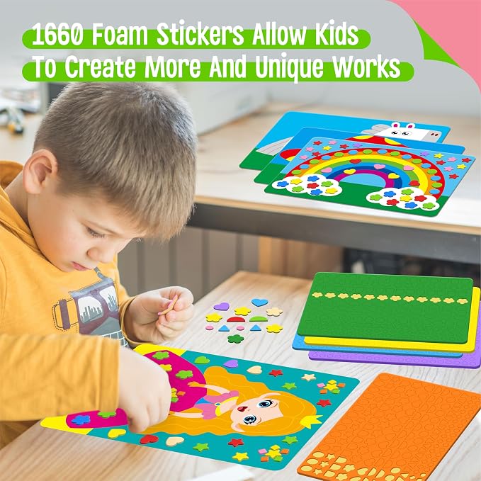 SpriteGru Foam Sticker Art Activity, 10 Princess & Castle Art Board with 1660 Foam Stickers in 10 Colors, Funny DIY Activity Creative Craft Kits Travel Game for Kids, Boys & Girls