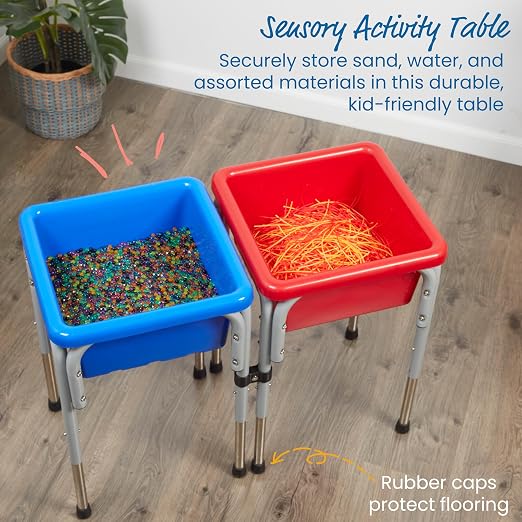 ECR4Kids 2-Station Sand and Water Adjustable Play Table, Sensory Bins, Blue/Red | Durable plastic/steel, GREENGUARD Gold Certified, 3-5 years, 80 lb capacity, adjustable legs, easy-lift lids, indoor/outdoor