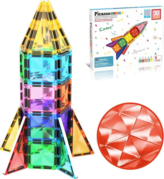 PicassoTiles 30 PCs Magnetic Tiles Travel Size Mini Version Building Block Construction Set for Kids Great Gift Ages 3+ Boys & Girls Preschool Kindergarten Montessori Playing Toys Stacking Fun PTM30
