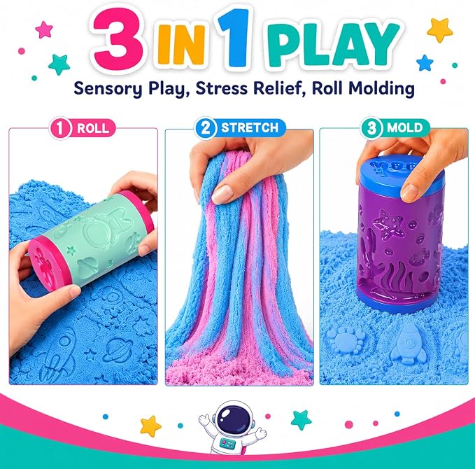 DaoDaoZhu Sensory Sand Kit, Magic Sand Toys, Sensory Toys for Kids Toddlers | Ocean & Space Pattern Roller, 10.58oz Non-Toxic Stretch Magic Sand, Sensory Play Sand Toys, Christmas & Birthday Gifts