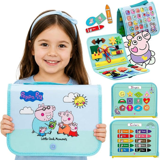 Official Evie Busy Board for Toddlers 3-5 - Montessori Busy Book - Peppa Pig Baby Sister, Sensory Travel Toy for Airplane & Car, Preschool Learning Fine Motor Skills, Birthday Gift for Boys & Girls