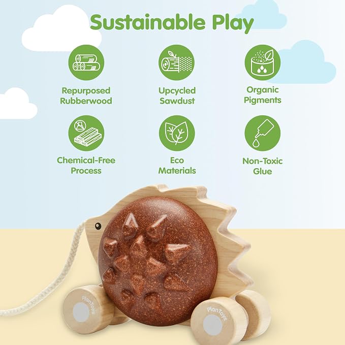 PlanToys® Wooden Pull Along Hedgehog Montessori Toddler Walking Kids Set | rolling wheels, toddler pull toys, sound design, girls, boys, gross motor balance & coordination learning gift for kids