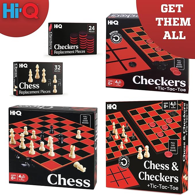 HI-Q Checkers & Tic-Tac-Toe Board Game Set – Multi-Pack Bundle for Family Game Night & Classrooms – Features Interlocking Stacking Pieces & Folding Board – Ages 6+