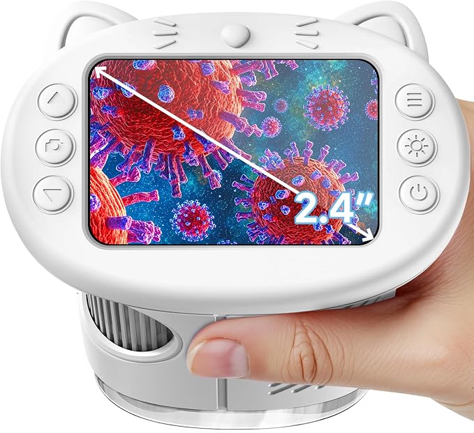 Microscope for Kids, 2.4 Inch Digital Microscope with 1000X Magnification, Handheld Camera Mini Pocket Magnifying Glass, Educational Toys for Ages 3+, White