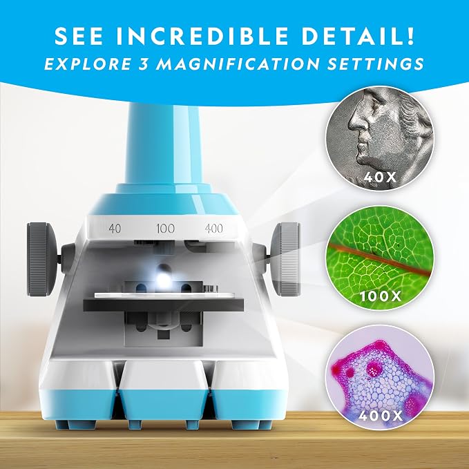 National Geographic Microscope for Kids with Up to 400x Magnification | Prepared and Blank Slides, Rock and Mineral Specimens, Easy-to-Use Science Kit, STEM Project Toy, Ages 6+