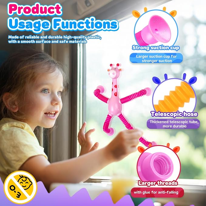 Giraffe Sensory Travel Toys 4Pcs for Road Trip Car Ride Airplane Toddler Girl Year Old Ages 3 4 5 6 7 8, Suction Autism Pop Tube Fidget Toy Autistic Valentines Day Stocking Easter Basket Stuffer Gift