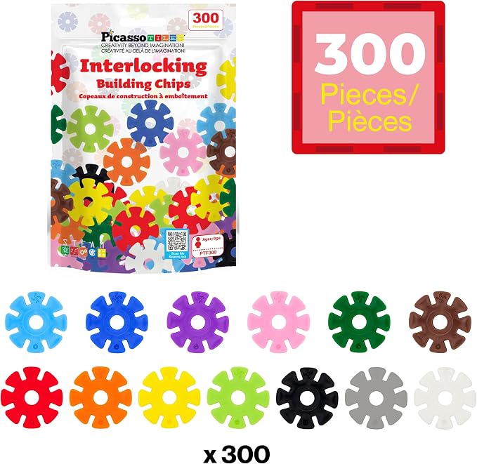 PicassoTiles 300 Piece Interlocking Disc Building Chips, STEM Toy for Kids | 300PCS, colorful connecting discs, creative block set, logic development activity, vibrant shapes, preschool ages 3 and older
