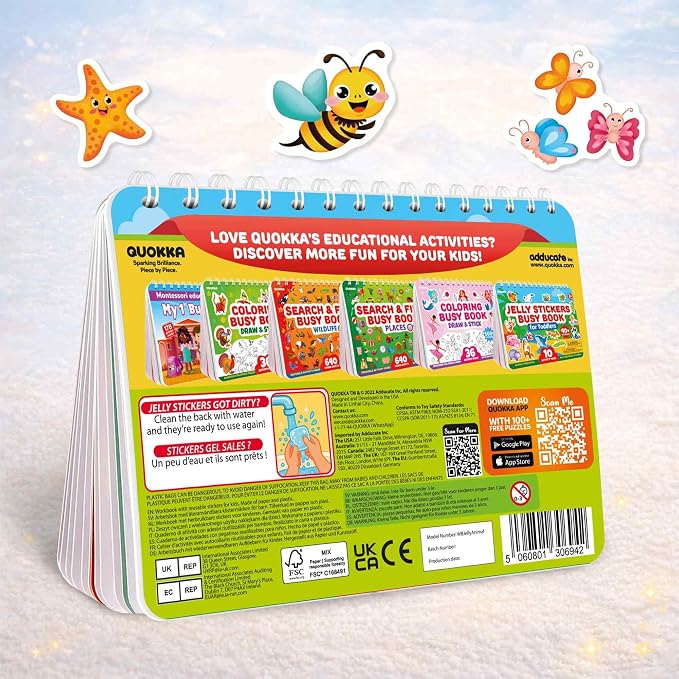 Jelly Sticker Books for Toddlers 3-5 - 40+ Reusable Stickers Busy Book | 10 Animal Topics - Waterproof Washable Toddler Activity Book - Learning Toys for Shapes, Colors, Matching, Animals