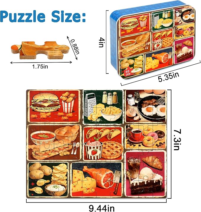 LELEMON Puzzles for Kids Ages 4-6,Food 60 Piece Puzzles for Kids Ages 6-8 in a Metal Box,Children Jigsaw Puzzles Kids Puzzles,Educational Learning Puzzle Toys for Girls and Boys