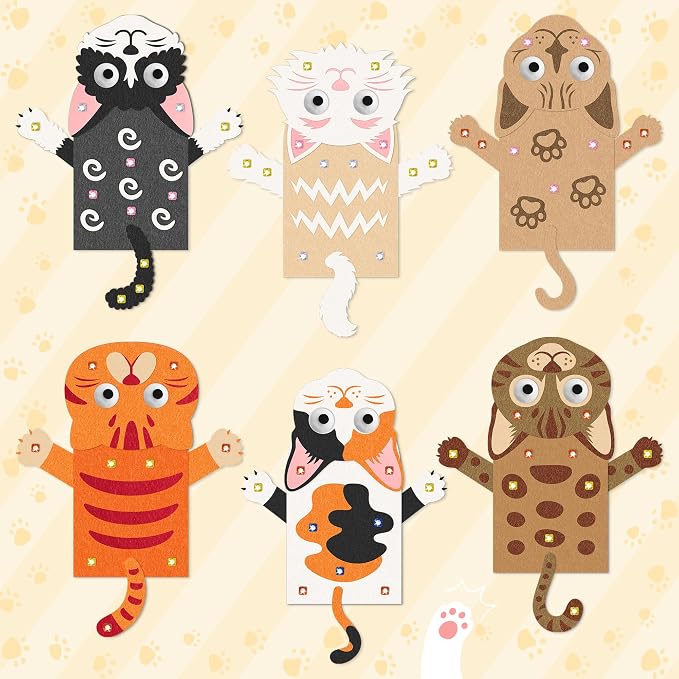WATINC Hand Puppet Making Kit, Felt Sock Puppet Toys for Kids (Cat B) | 6 Styles, Make Your Own Storytelling & Role Play Crafts, Creative Group Activity, Party Favors & Gifts for Kids Ages 4-8