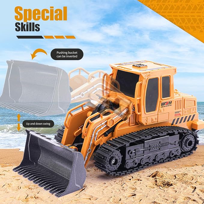 Remote Control Front Loader - Metal Shovel, LED Working Lights, Music & 2 Rechargeable Batteries, Construction Toys for Boys Age 4 5 6 7 8 Birthday Gift