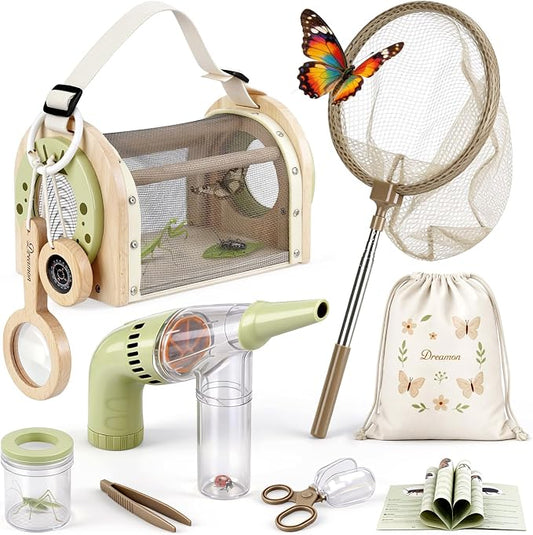 Wooden Kids Bug Catching Kit, Dreamon 11 Pcs Outdoor Toys for Kids Ages 4-8 | STEM Educational Toy Gifts Kids Explorer Kit with Wooden Bug Habitat, Bug Vacuum, Butterfly Net, Compass and Magnifying Glass