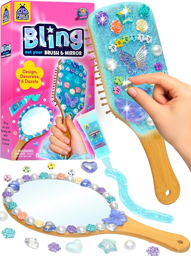 Decorate Your Own Wooden Hairbrush and Handheld Mirror Craft Kit | DIY Kits for Kids, Princess Mirror, Bedazzling Gems and Beads, Gift for Girls, Screen Free Activity for Girls Ages 6-12