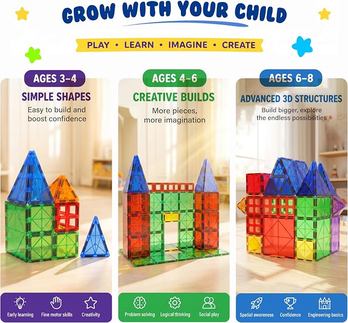 Magnetic Tiles Building Blocks Toy - STEM Educational Magnetic Blocks for Kids, Creativity Preschool Learning Sensory Montessori Toddler Magnetic Toys for Boys & Girls 3+ Years Old - 47PC