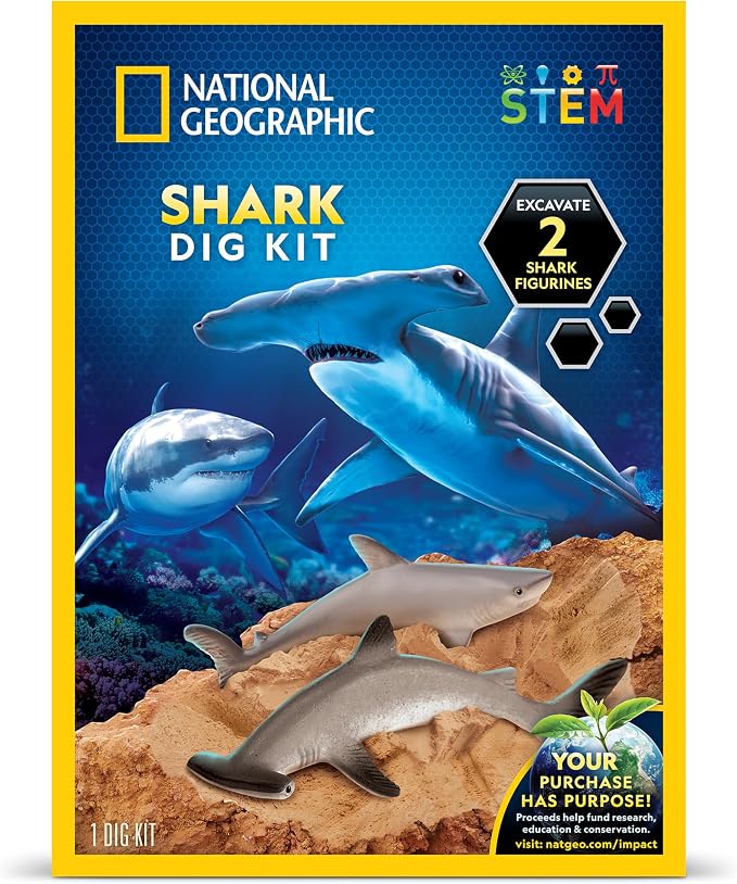 National Geographic Shark Dig Kit with 2 Shark Figures for Kids Ages 8-12 | 2 Shark Figures, Dig Brick, Excavation Tool, Shark Science Activity, Fossil Discovery, STEM Learning, Birthday Gift